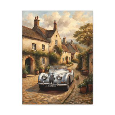 Vintage Car Canvas Art featuring a classic car on a picturesque cobblestone street