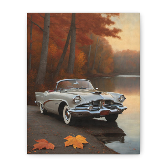 Vintage Car Canvas Art featuring a classic car by a serene lake surrounded by autumn leaves
