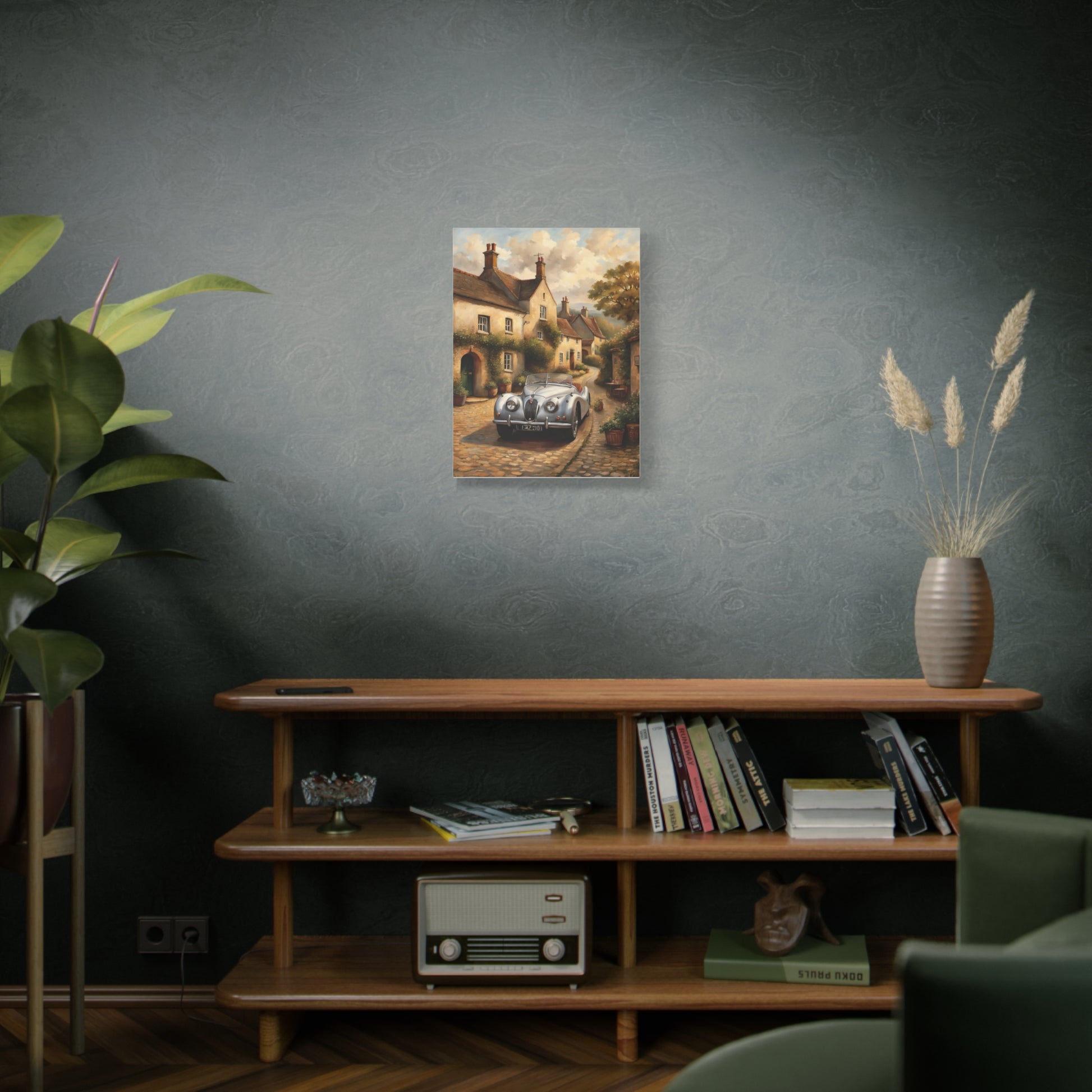 Vintage Car Canvas Art featuring a classic car in a charming village setting