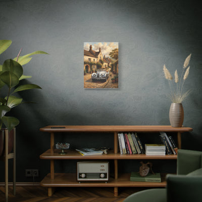 Vintage Car Canvas Art featuring a classic car in a charming village setting