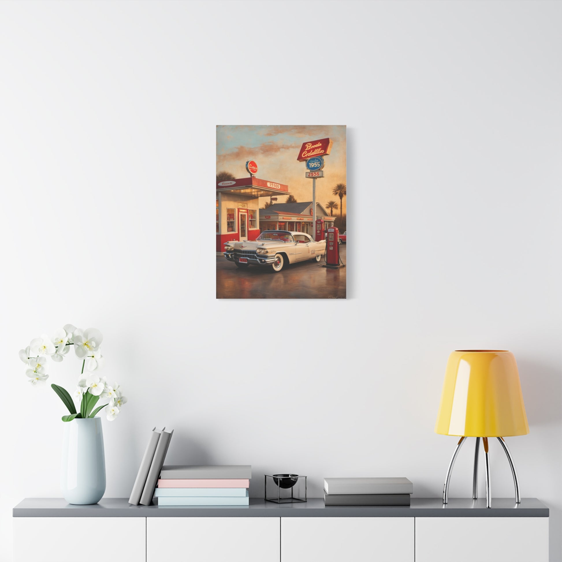 Vintage Car Canvas Art Print featuring a retro car at a retro gas station