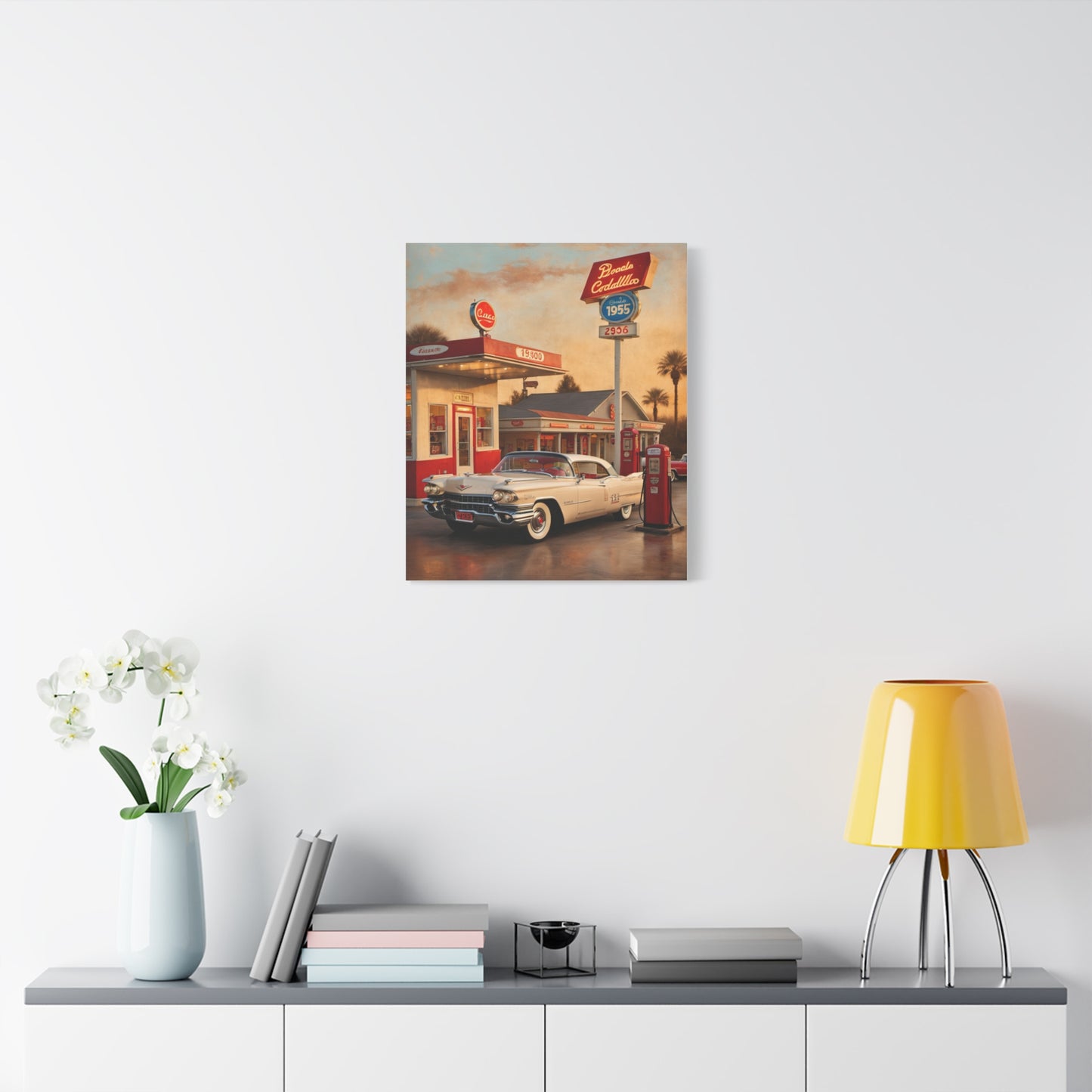 Vintage Car Canvas Art Print featuring a classic car at a retro gas station