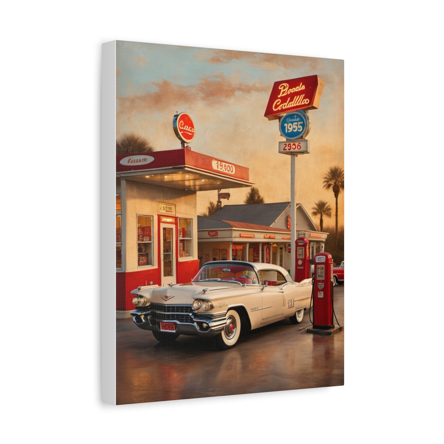 Vintage Car Canvas Art Print featuring a classic car at a retro gas station at sunset