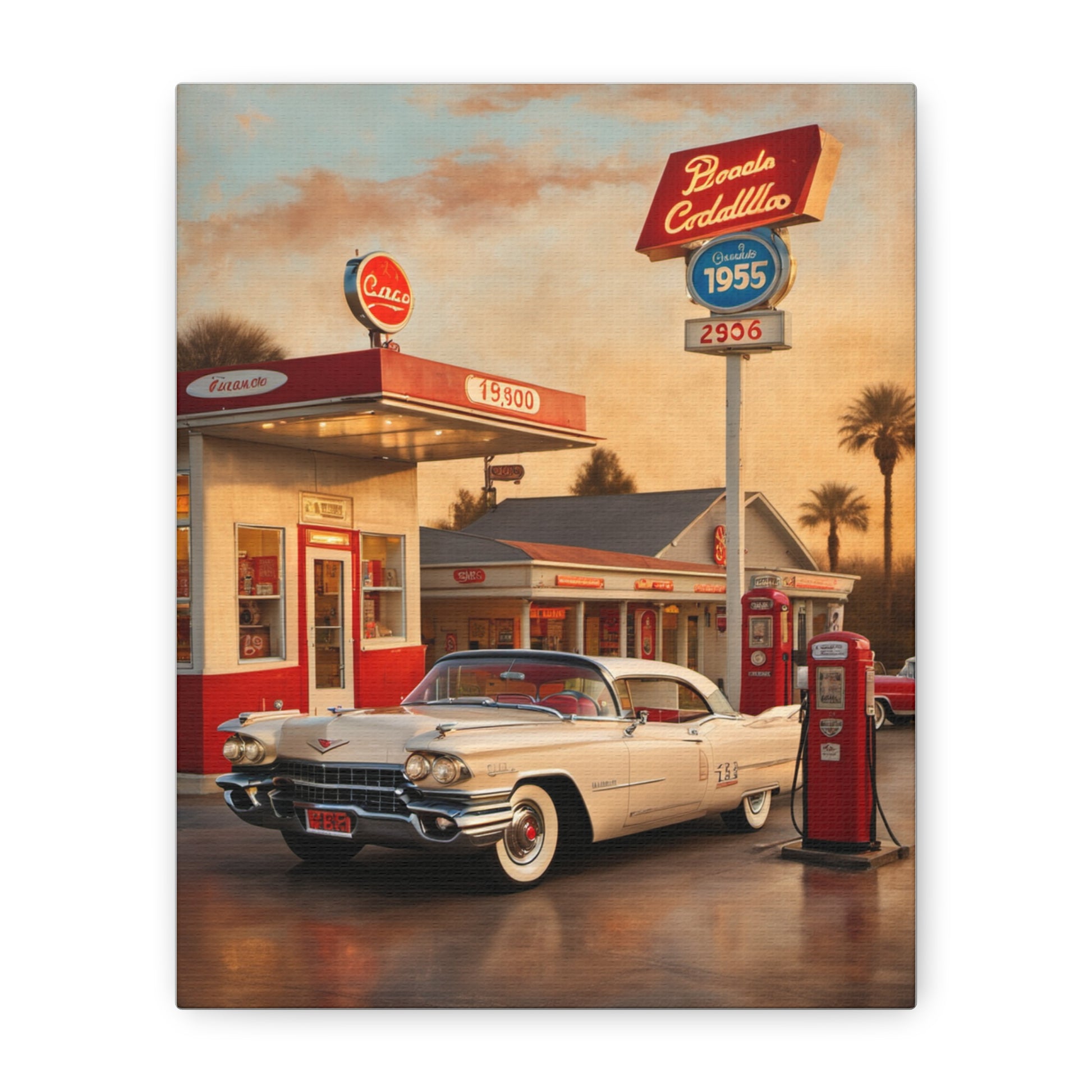 Vintage Car Canvas Art Print featuring a old Cadillac at a retro gas station