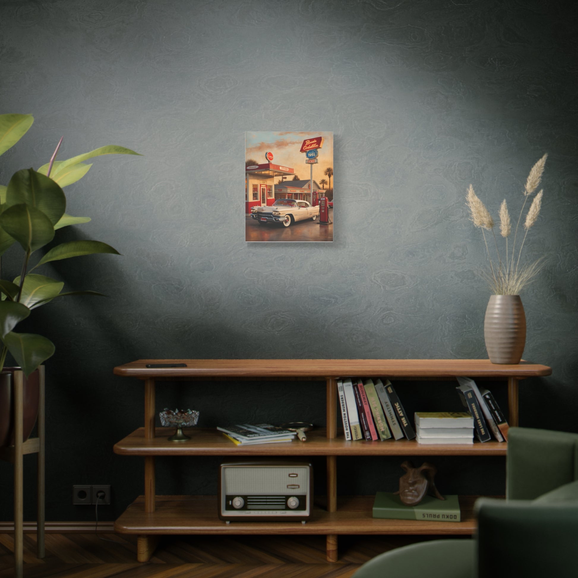 Vintage Car Canvas Art Print featuring a classic car at a retro gas station in a stylish living room