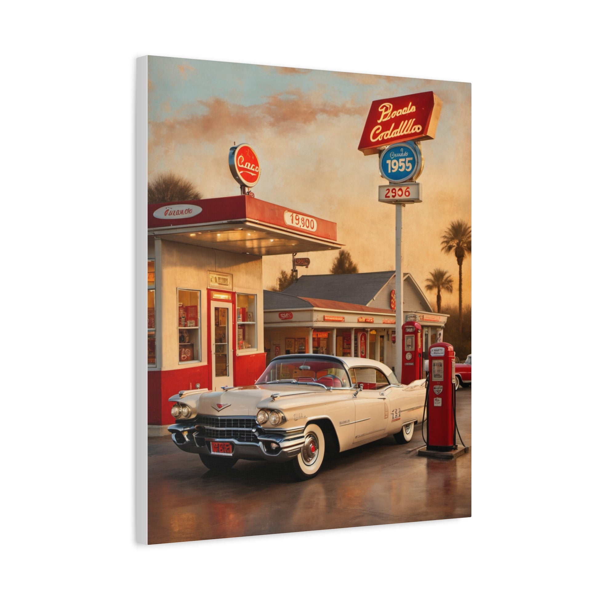 Vintage Car Canvas Art Print featuring a vintage car at a retro gas station
