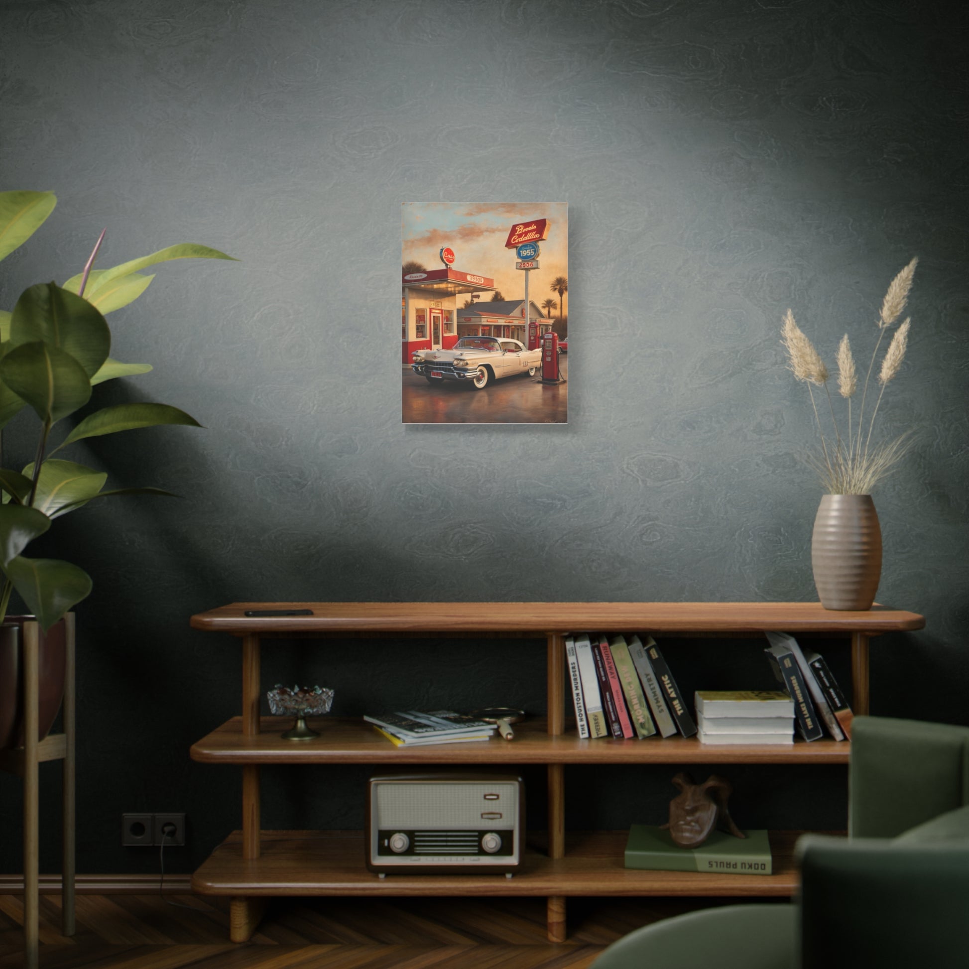 Vintage Car Canvas Art Print featuring a classic car in front of a retro gas station