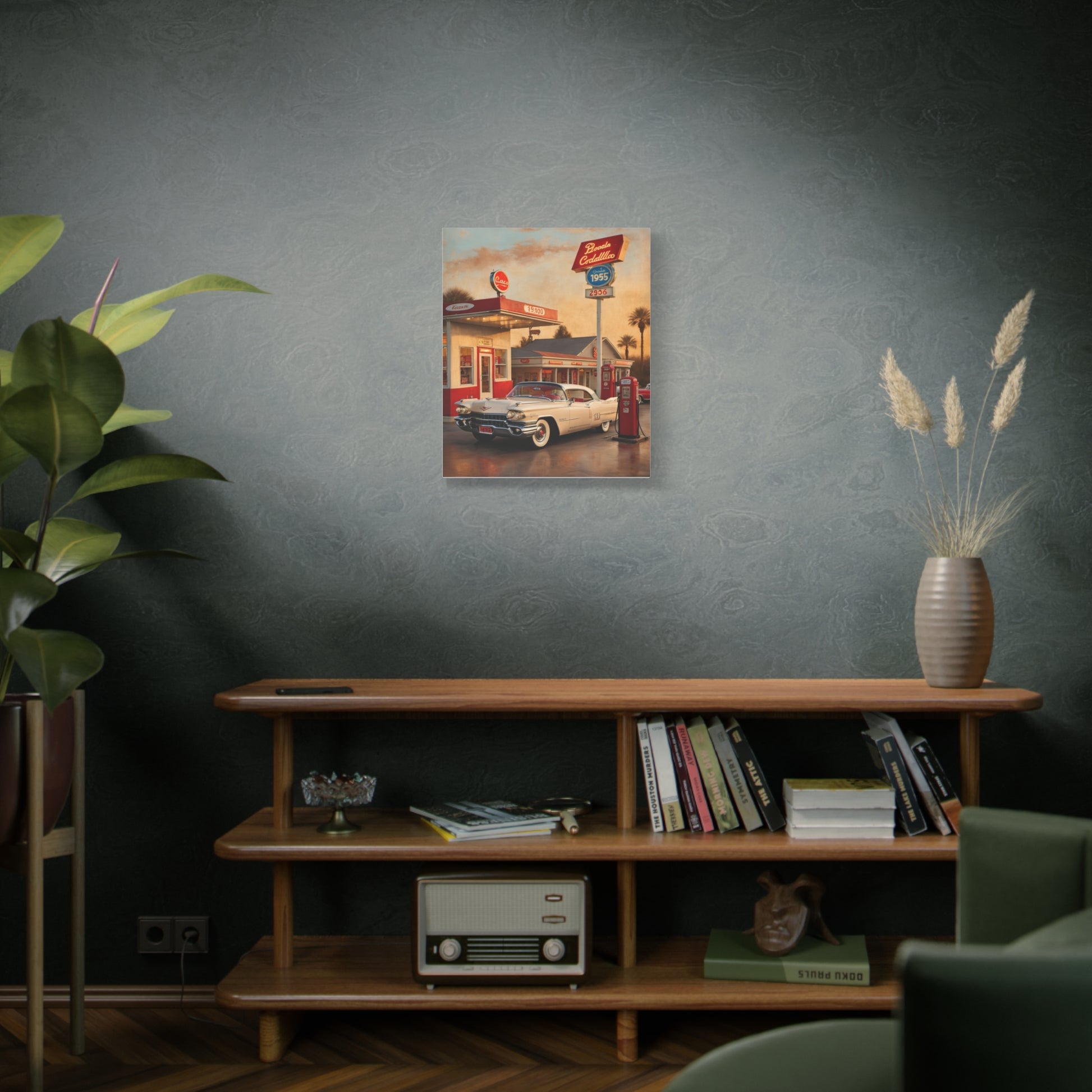 Vintage Car Canvas Art Print featuring a classic car in a retro gas station setting