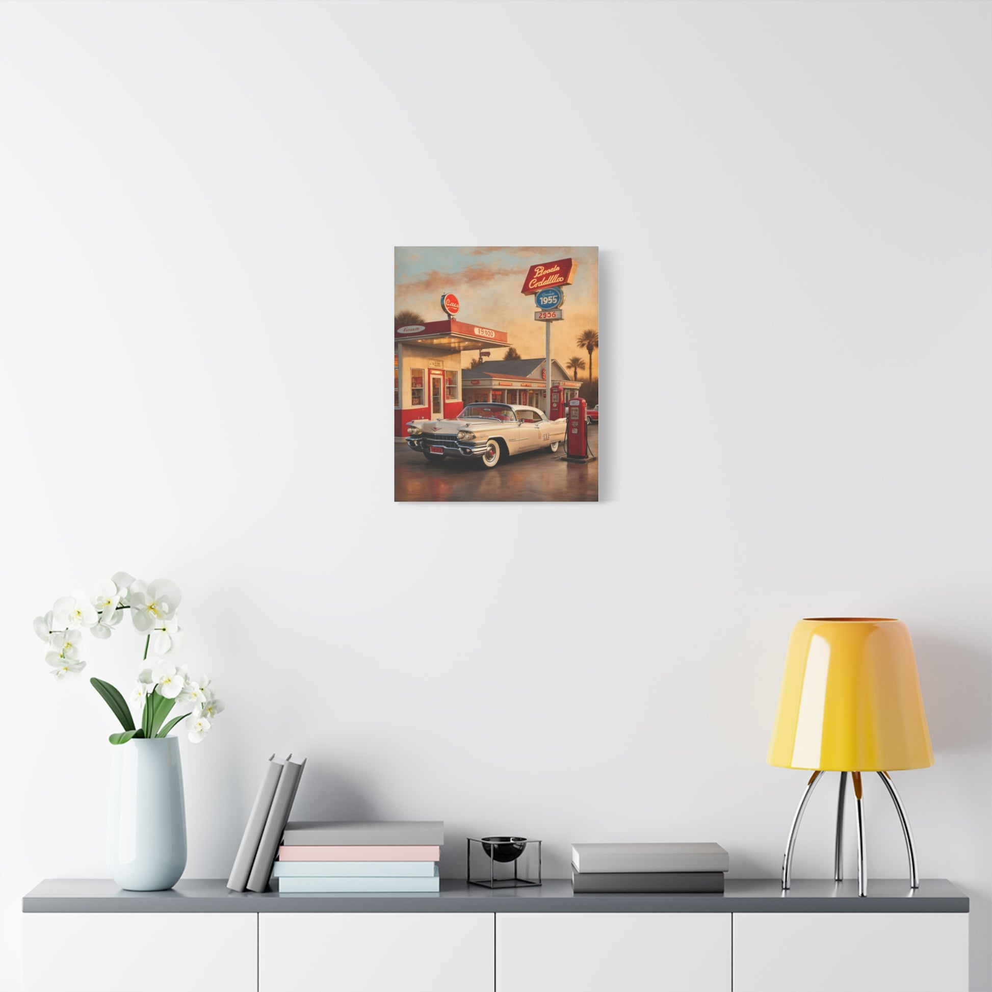 Vintage Car Canvas Art Print featuring a classic car in front of a retro diner