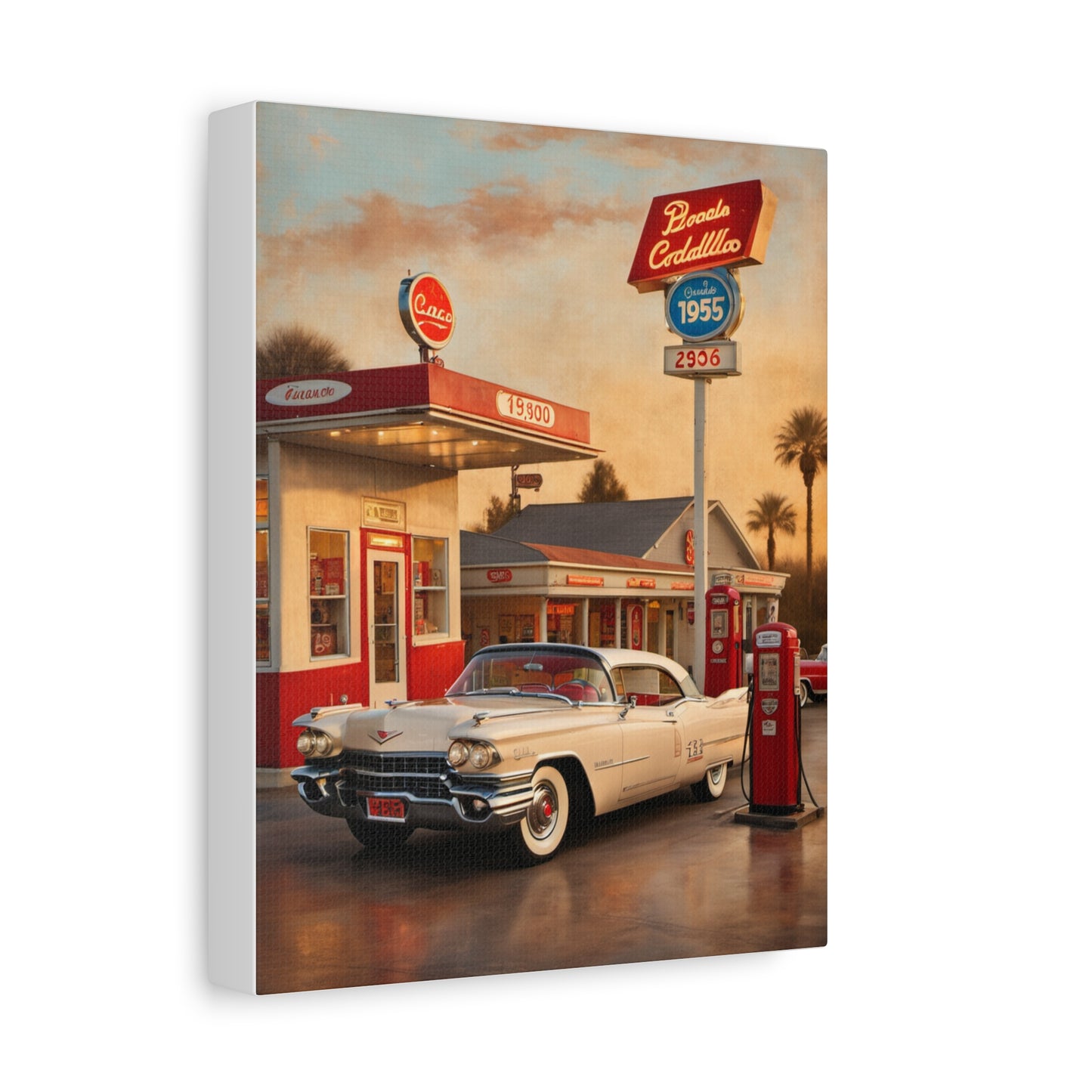 Vintage Car Canvas Art Print showcasing a classic 1950s car at a vintage gas station