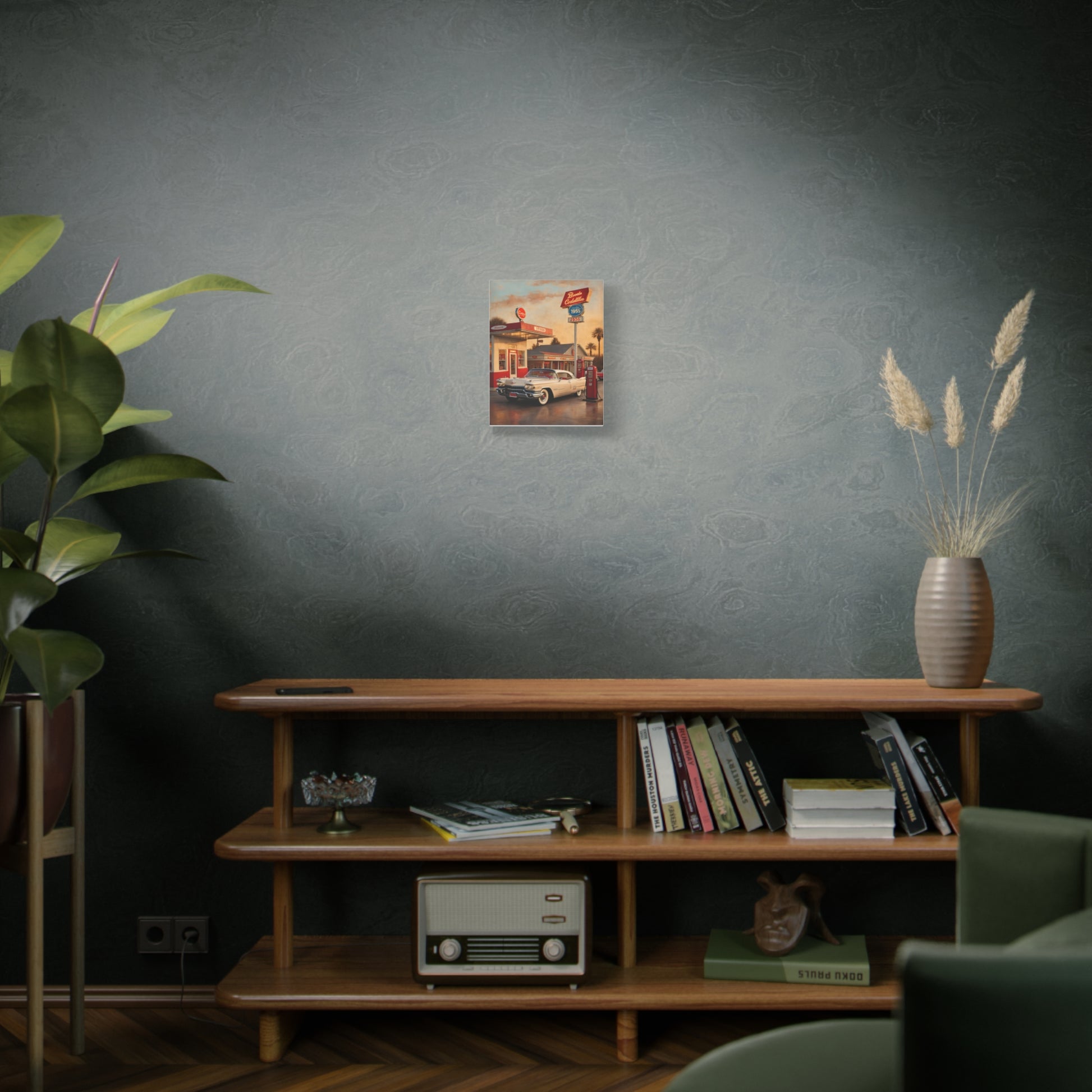 Vintage Car Canvas Art Print displayed on a wooden shelf with plants and decor