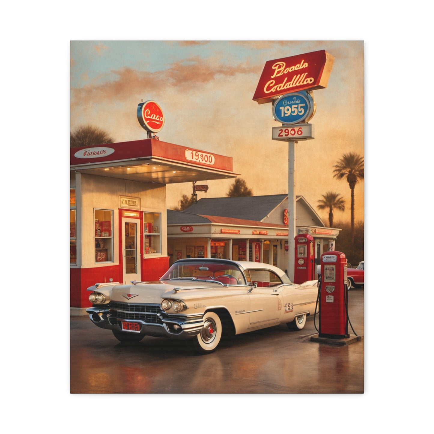 Vintage Car Canvas Art Print featuring a classic Cadillac at a retro gas station