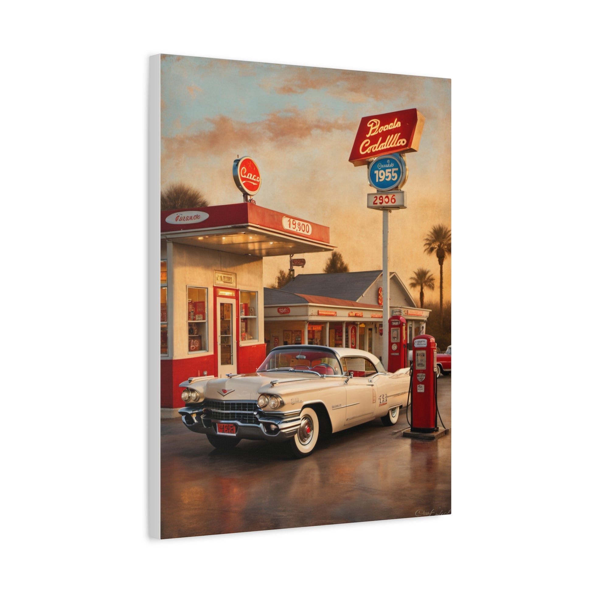 Vintage Car Canvas Art Print featuring a old car at a retro gas station