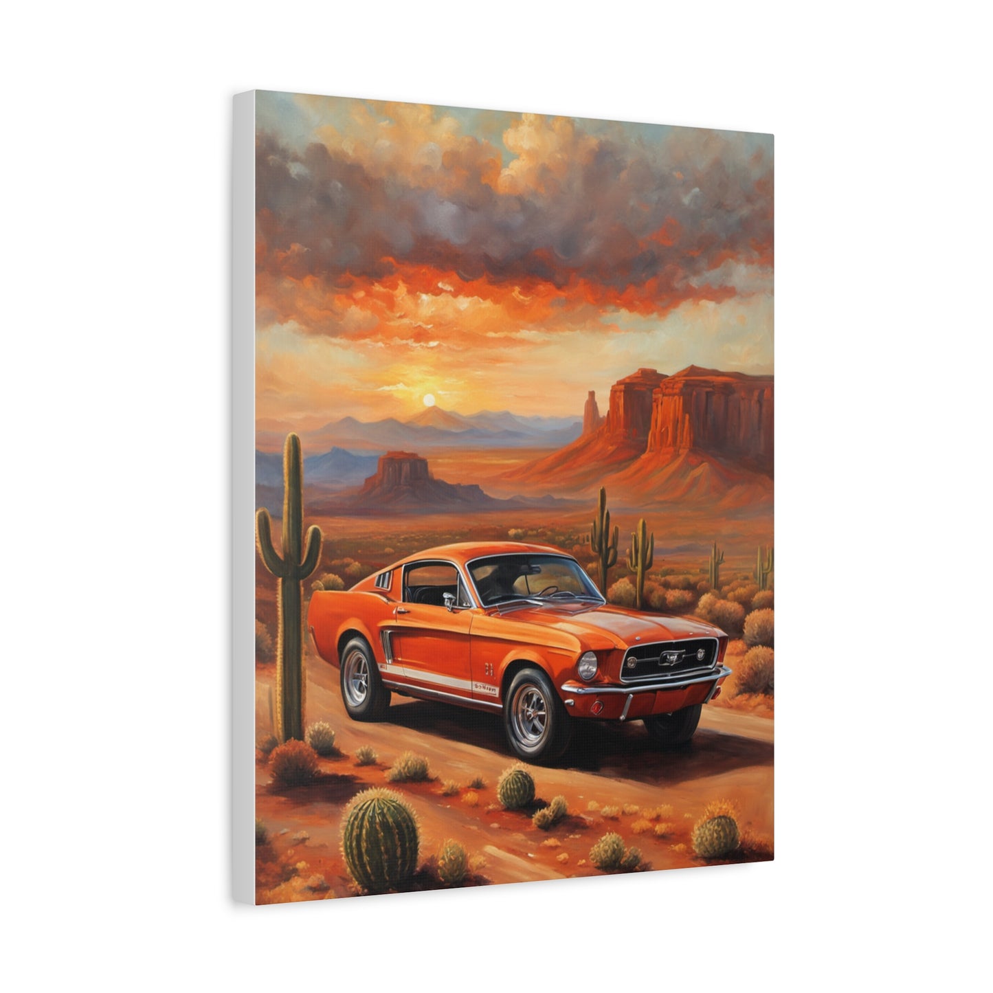 Vintage Car Canvas Art Print featuring an orange classic car in a desert landscape during sunset