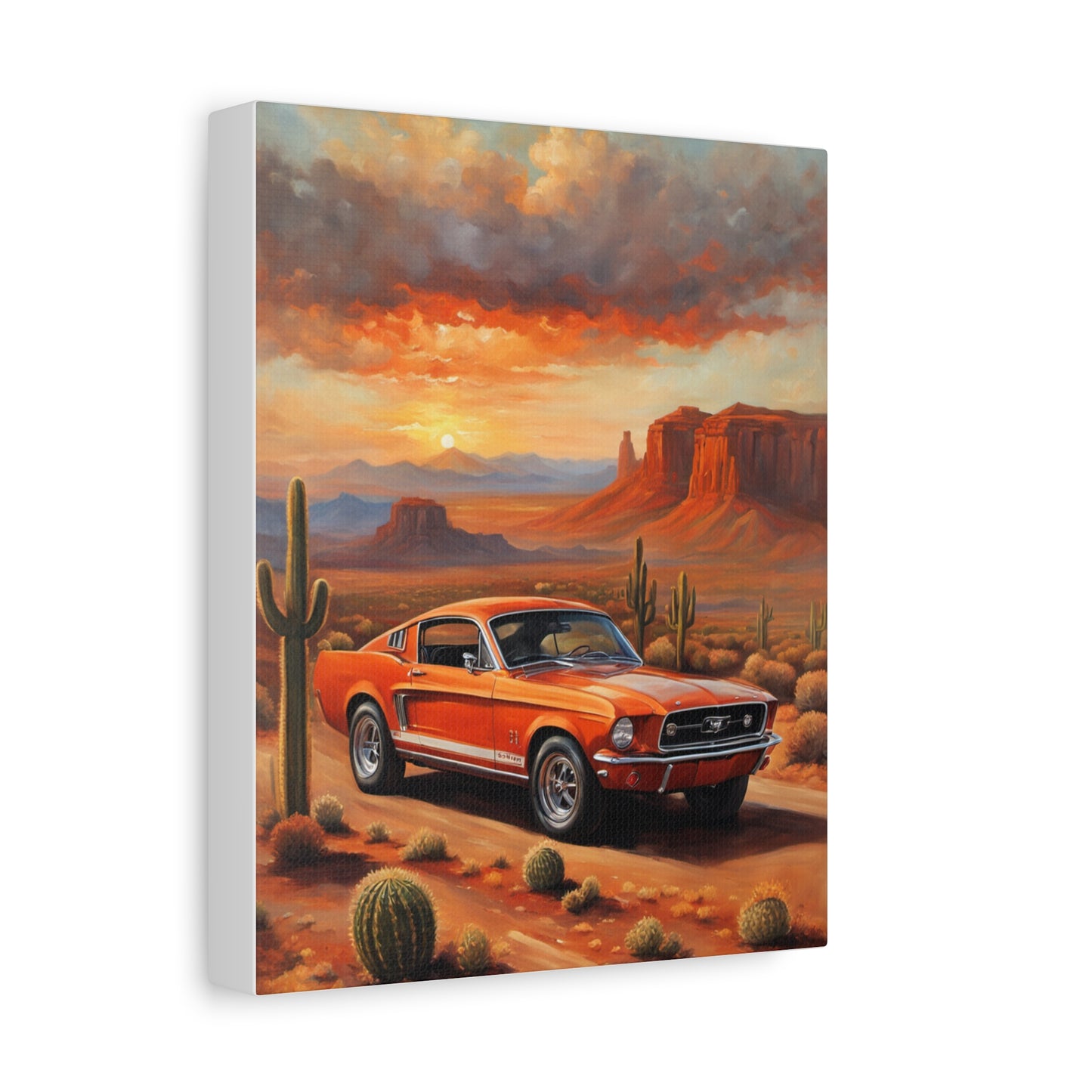 Vintage Car Canvas Art Print featuring a classic orange Mustang in a desert landscape at sunset