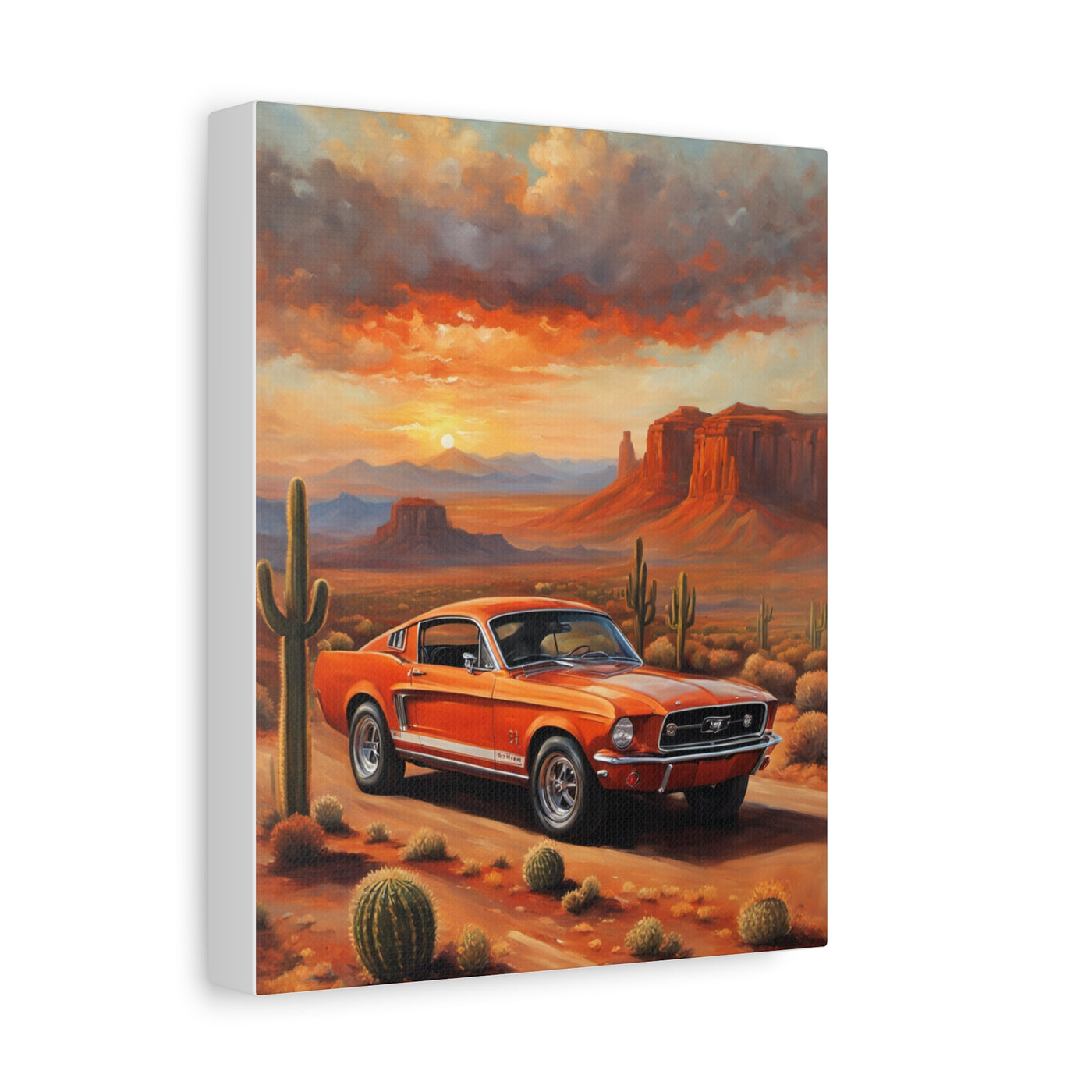 Vintage Car Canvas Art Print featuring a classic orange Mustang in a desert landscape at sunset