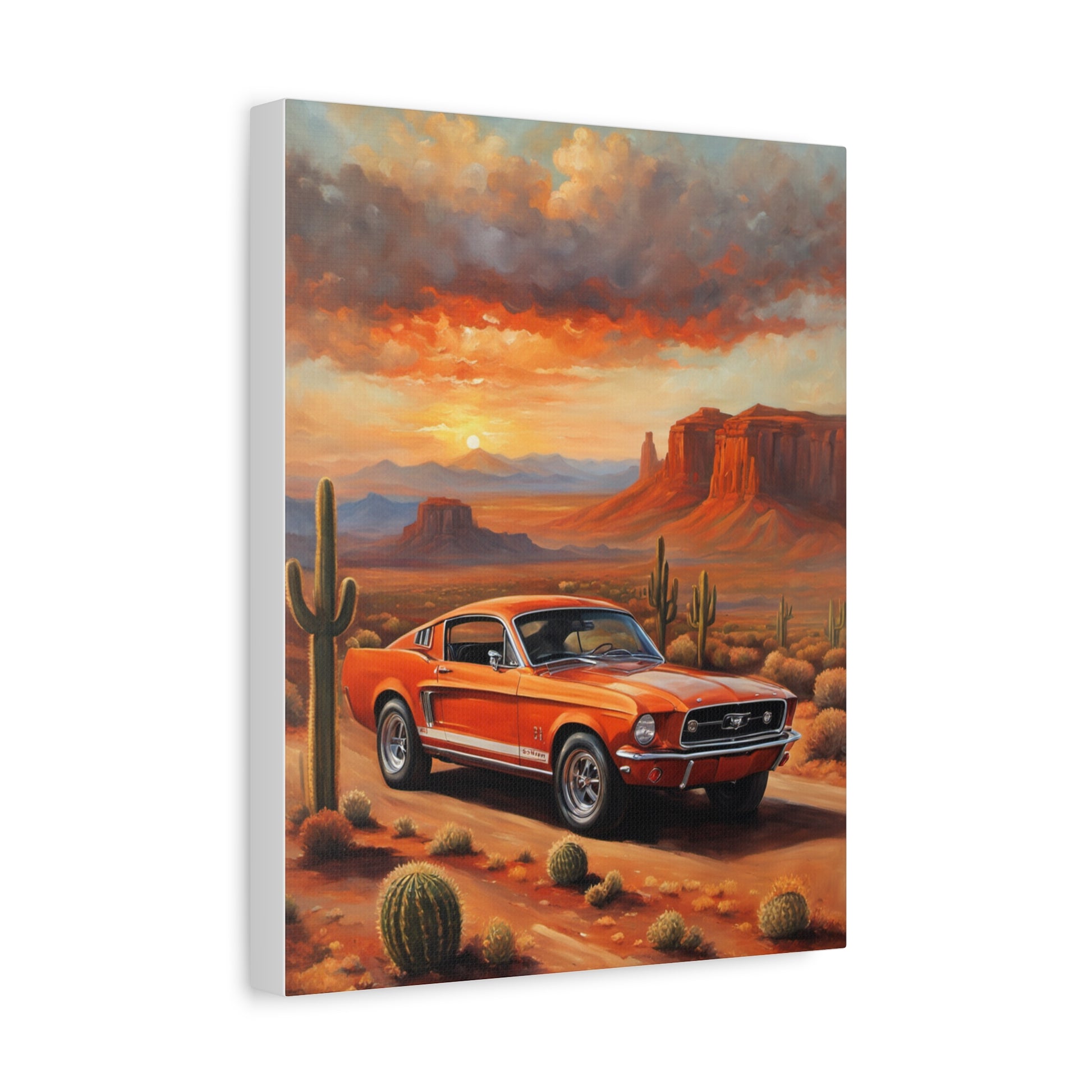 Vintage Car Canvas Art Print featuring a nostalgic orange car in a desert landscape at sunset