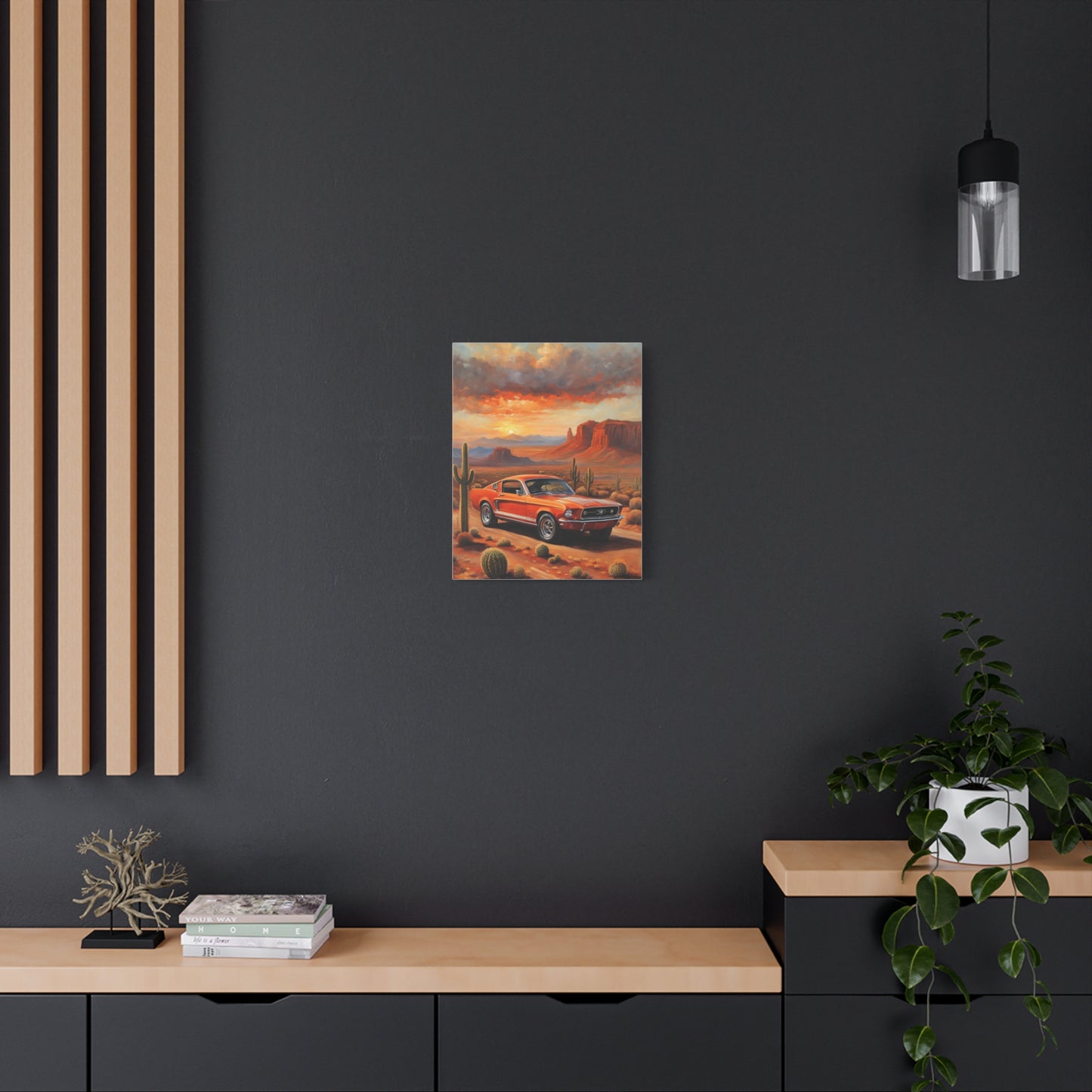 Vintage Car Canvas Art Print featuring a old car in a desert landscape with mountains