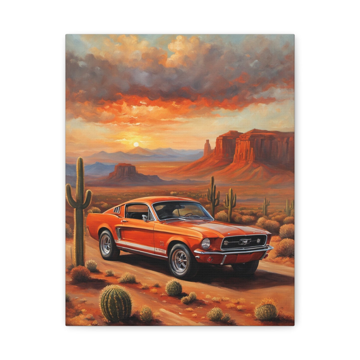 Vintage Car Canvas Art Print featuring an retro orange Mustang in a desert landscape at sunset