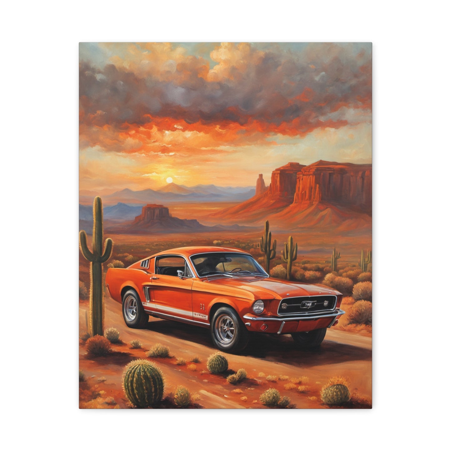 Nostalgic Car Canvas Art Print featuring an orange Mustang in a desert landscape at sunset