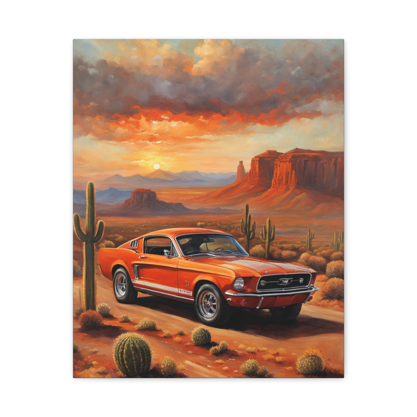 Nostalgic Car Canvas Art Print featuring an orange Mustang in a desert landscape at sunset