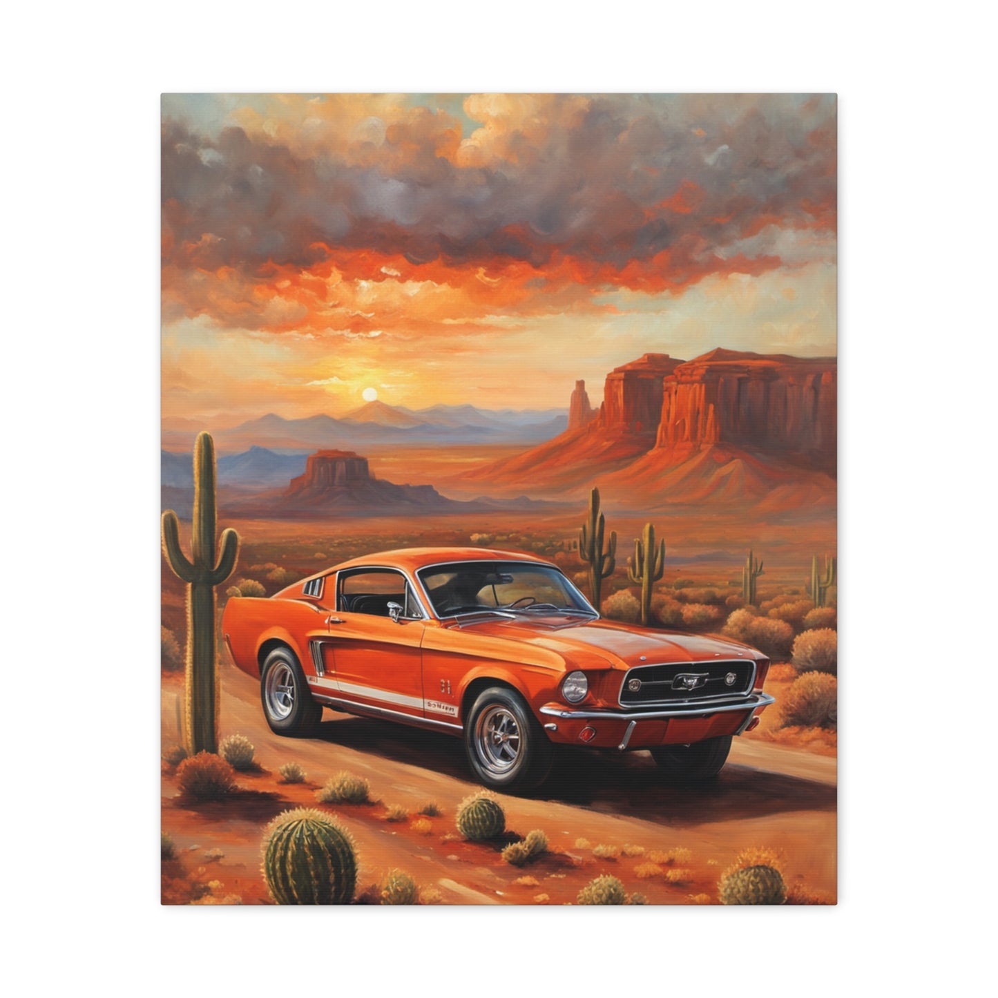 Vintage Car Canvas Art Print featuring an orange old car in a desert landscape at sunset