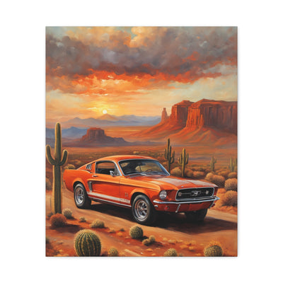 Vintage Car Canvas Art Print featuring an orange old car in a desert landscape at sunset