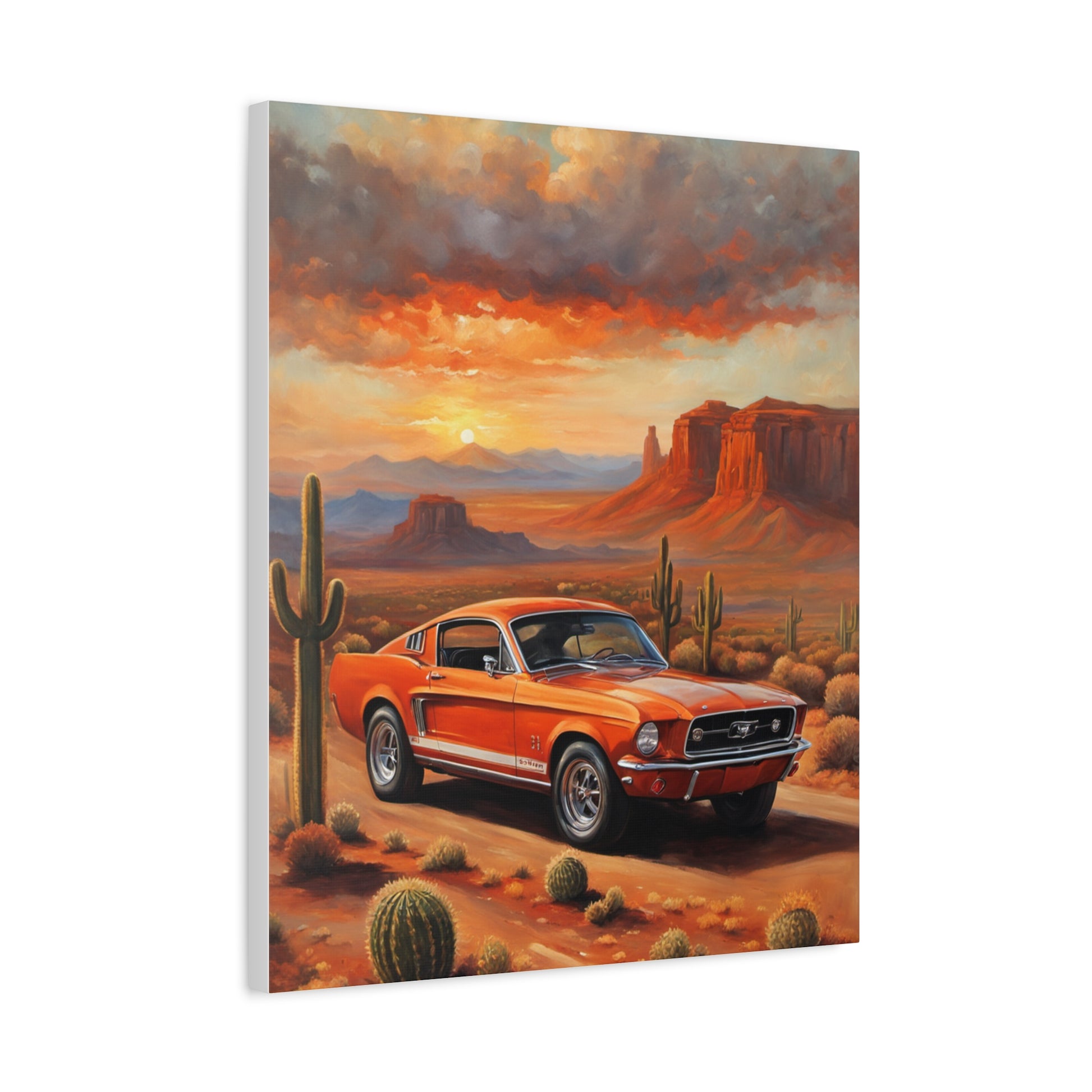 Vintage Car Canvas Art Print featuring a classic orange car in a desert landscape at sunset
