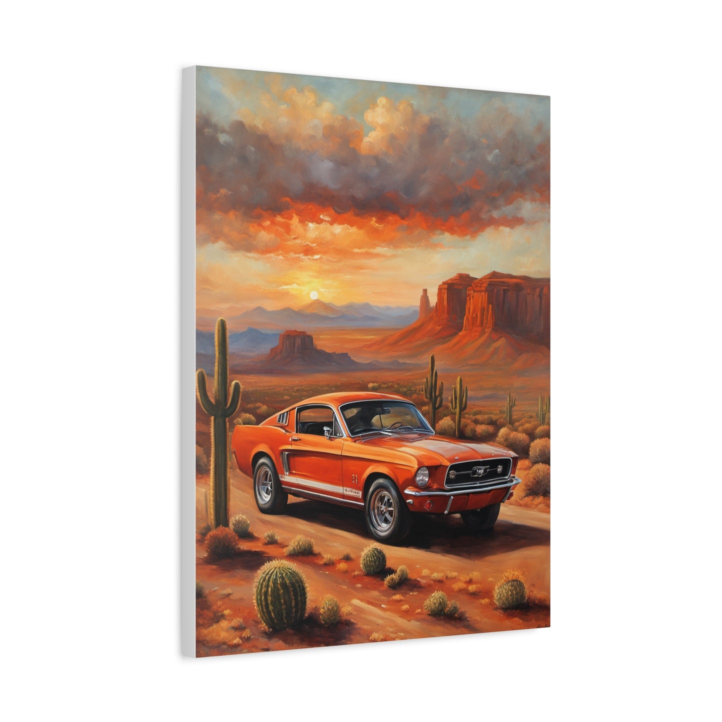 Vintage Car Canvas Art Print featuring an orange classic car in a desert landscape at sunset