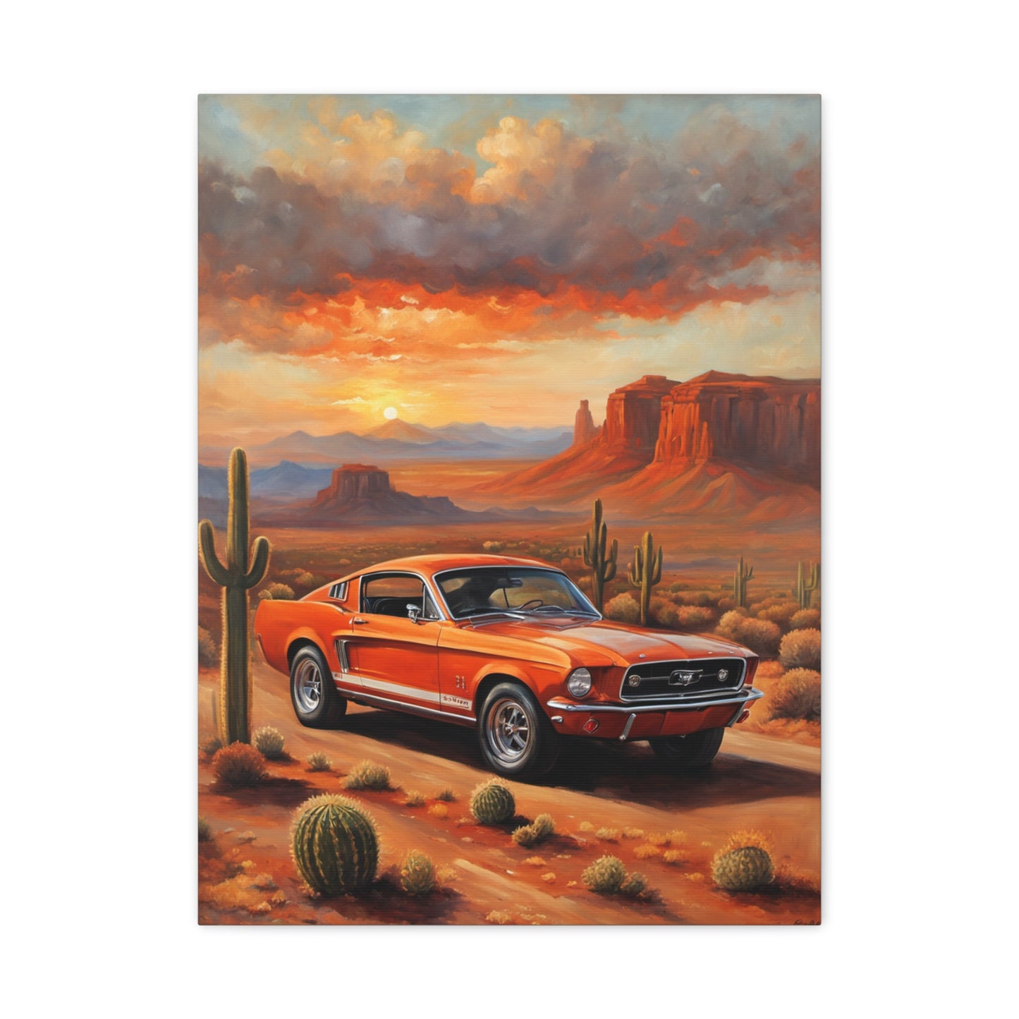 Retro Car Canvas Art Print featuring a classic orange car in a desert landscape at sunset