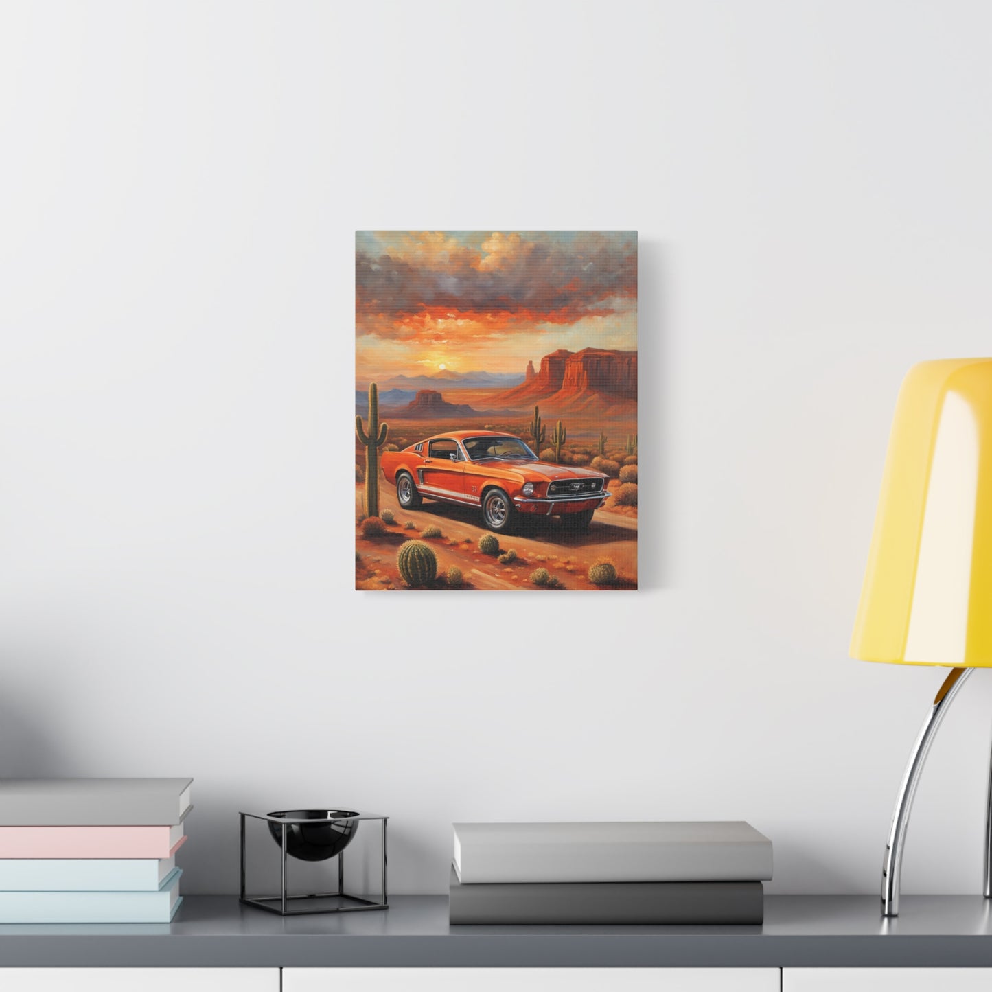 Vintage Car Canvas Art Print featuring a classic car in a desert landscape with vibrant sunset colors