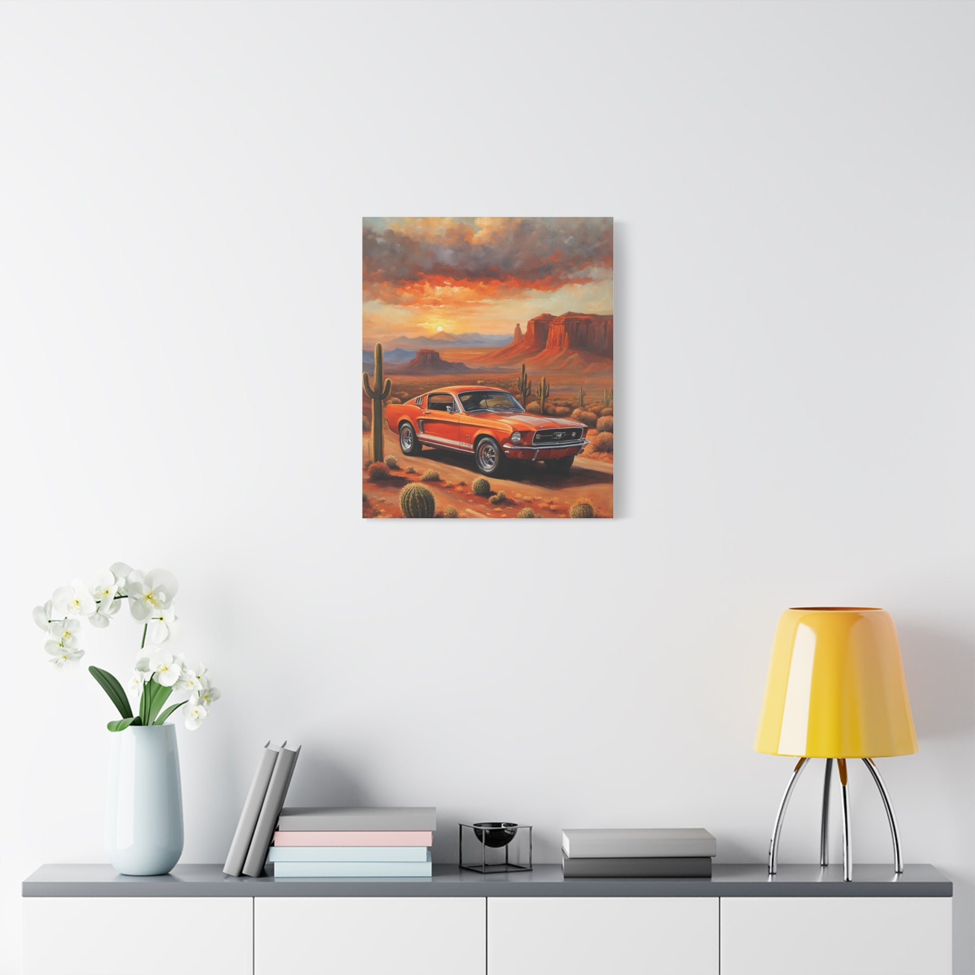 Vintage Car Canvas Art Print featuring a classic car in a stunning desert landscape