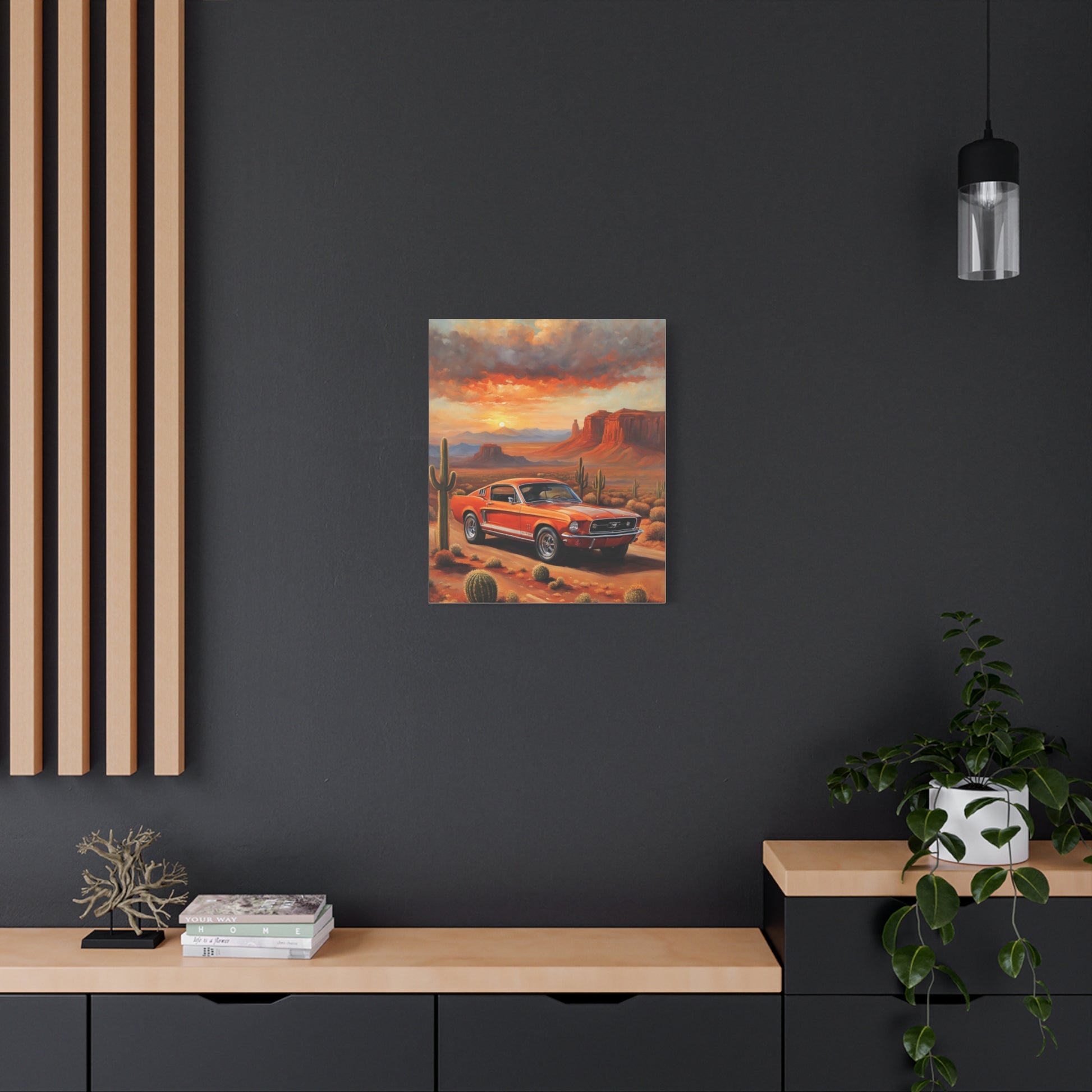 Vintage Car Canvas Art Print featuring a classic car in a desert landscape with mountains
