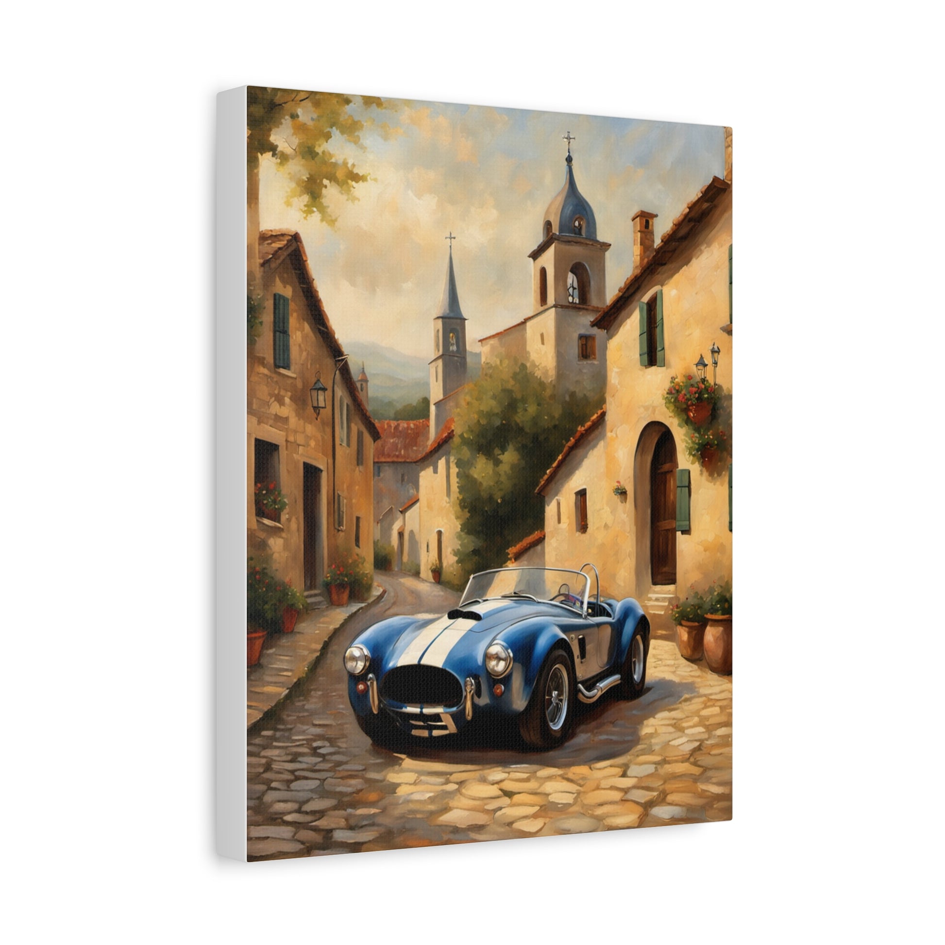 Vintage Car Canvas Art Print featuring a blue classic car parked on a charming cobblestone street