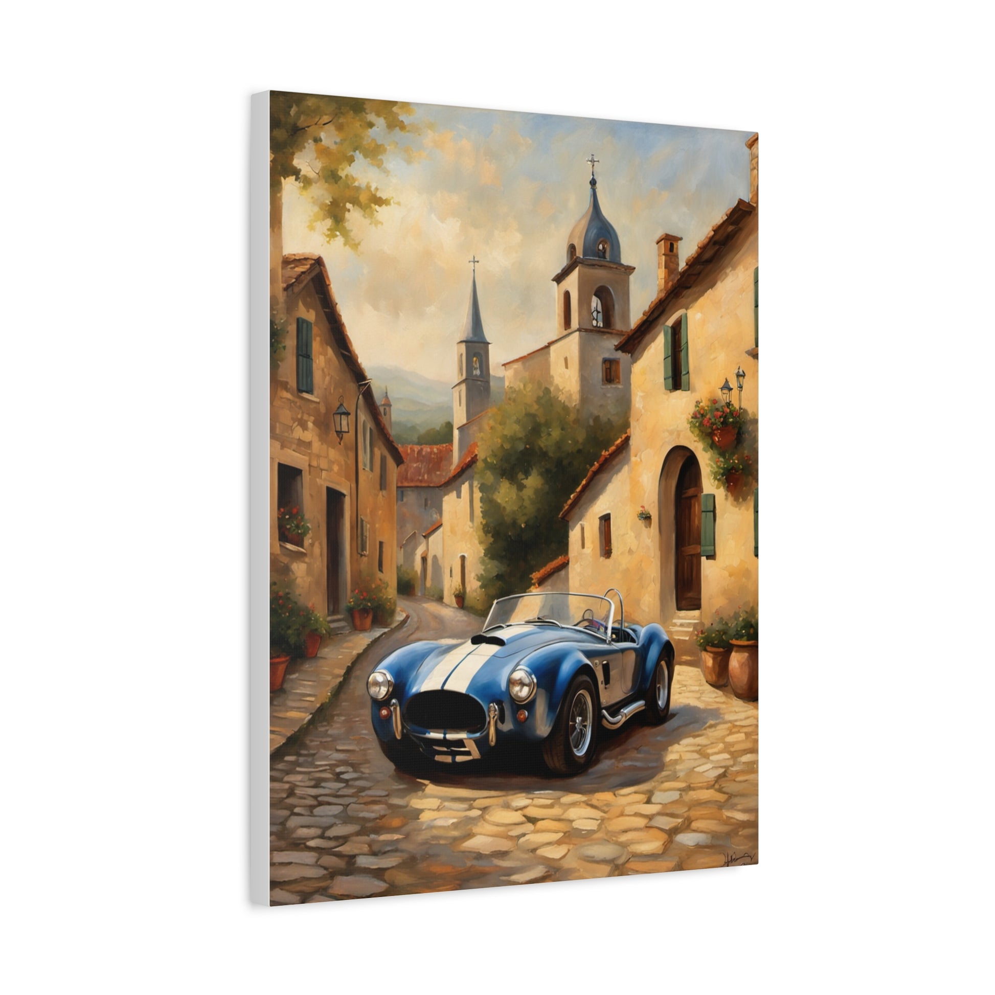 Vintage Car Canvas Art Print featuring a blue sports car on a charming cobblestone street