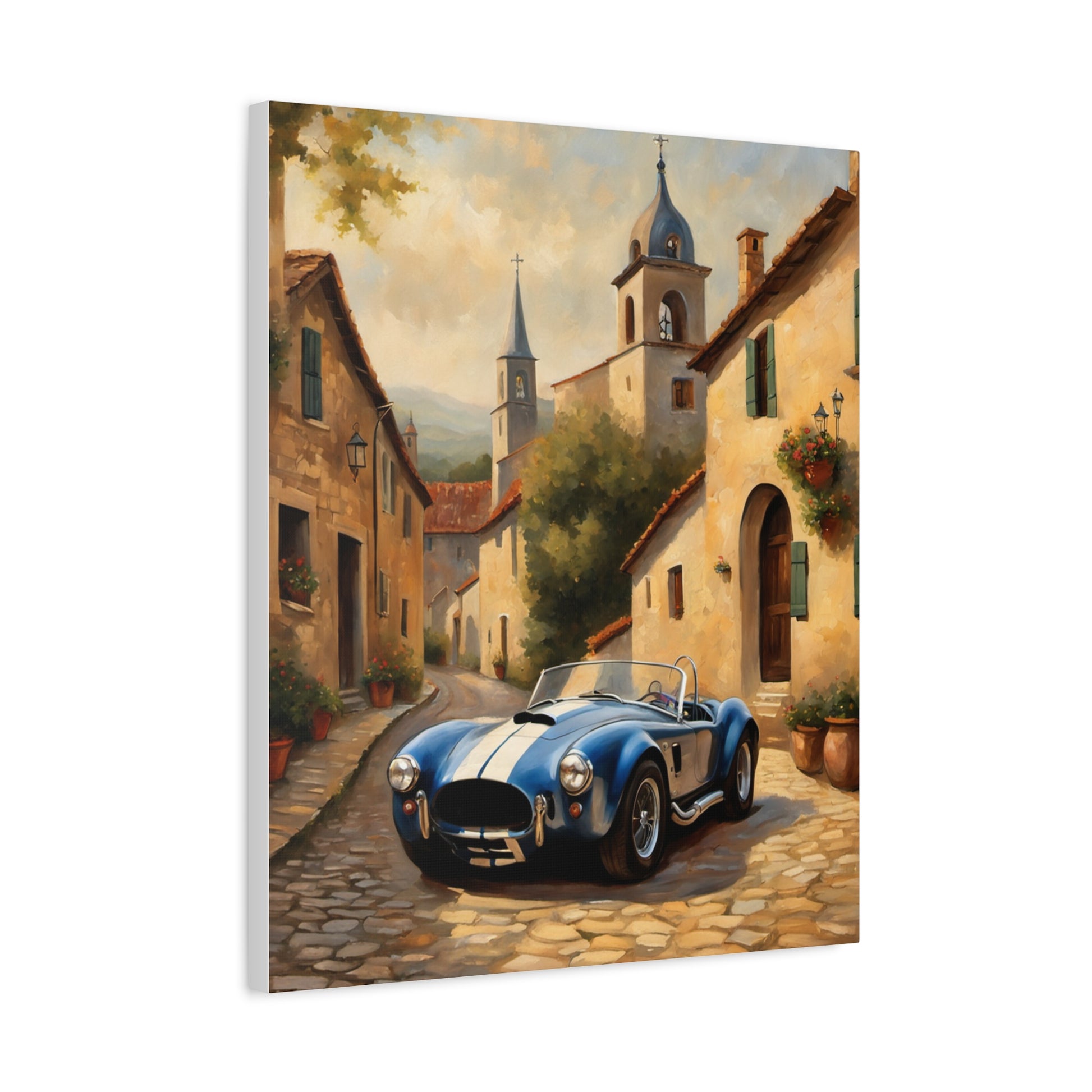 Vintage Car Canvas Art Print featuring a blue sports car in a scenic village setting