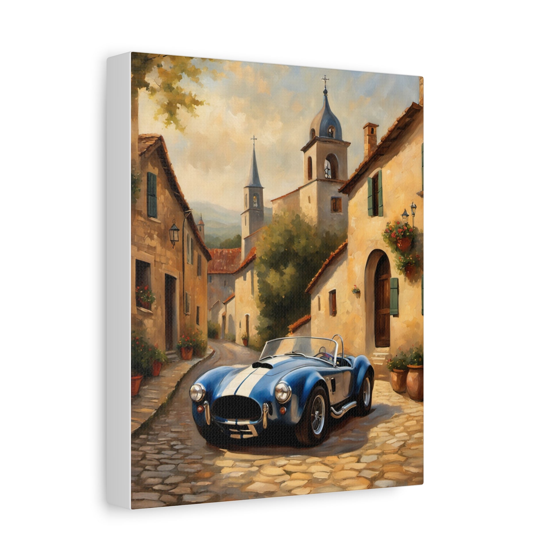 Vintage Car Canvas Art Print featuring a blue sports car in a rustic village scene