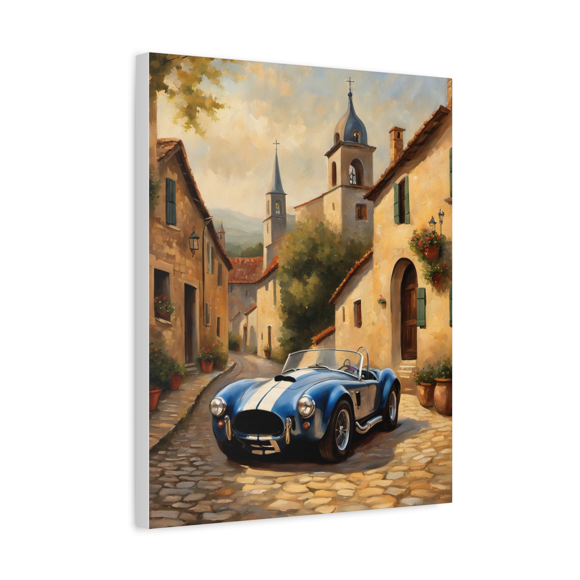 Vintage Car Canvas Art Print featuring a blue sports car on a cobblestone street in a picturesque village