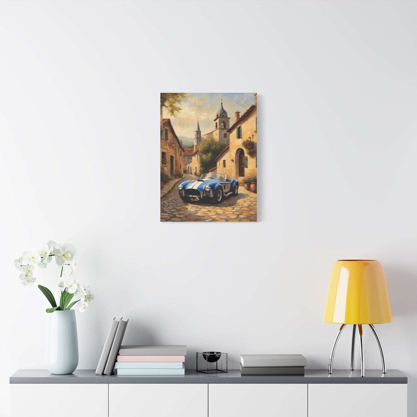 Vintage Car Canvas Art Print featuring a classic car in a charming street scene