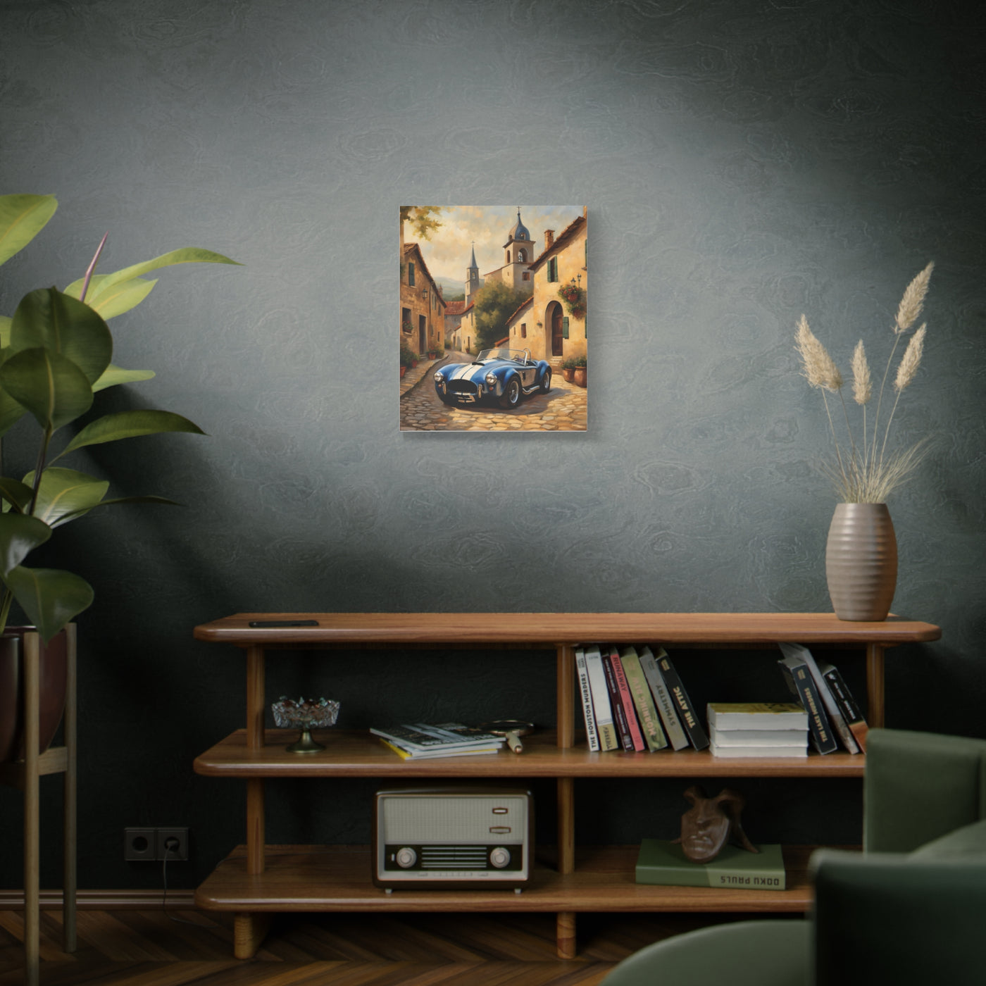 Vintage Car Canvas Art Print displayed on a wall with plants and a wooden shelf in a cozy living room