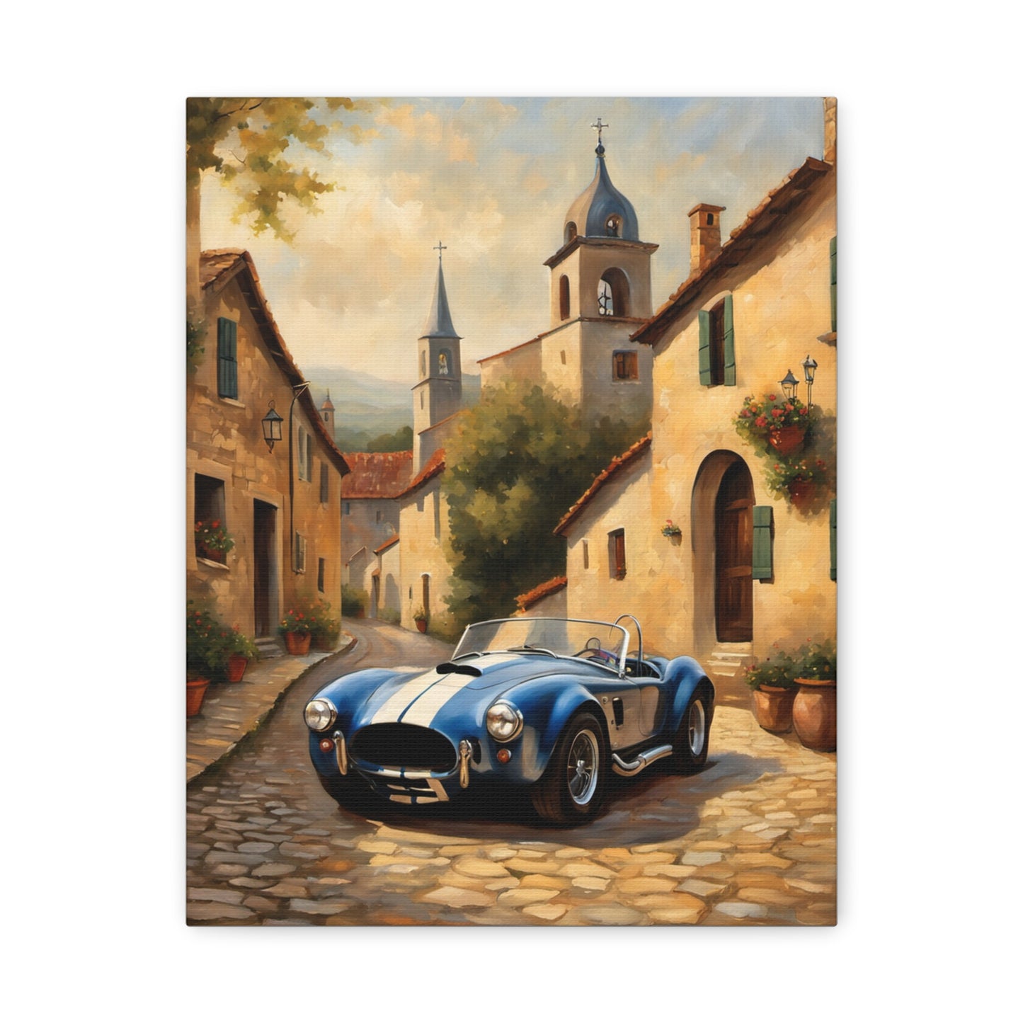 Vintage Car Canvas Art Print featuring a classic blue sports car in a picturesque village setting