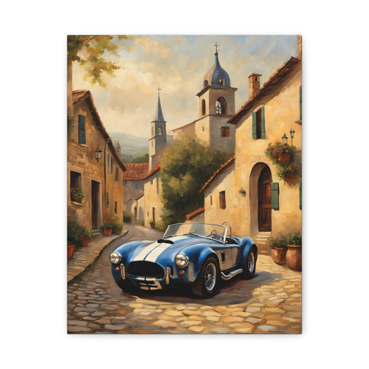 Vintage Car Canvas Art Print featuring a classic blue sports car in a picturesque village setting