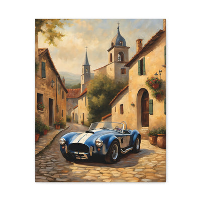 Vintage Car Canvas Art Print featuring a blue sports car in a charming village setting