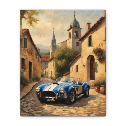 Vintage Car Canvas Art Print featuring a blue sports car on a picturesque cobblestone street