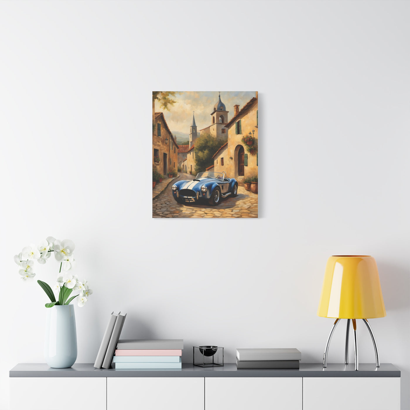 Vintage Car Canvas Art Print featuring a classic blue car on a cobblestone street with buildings