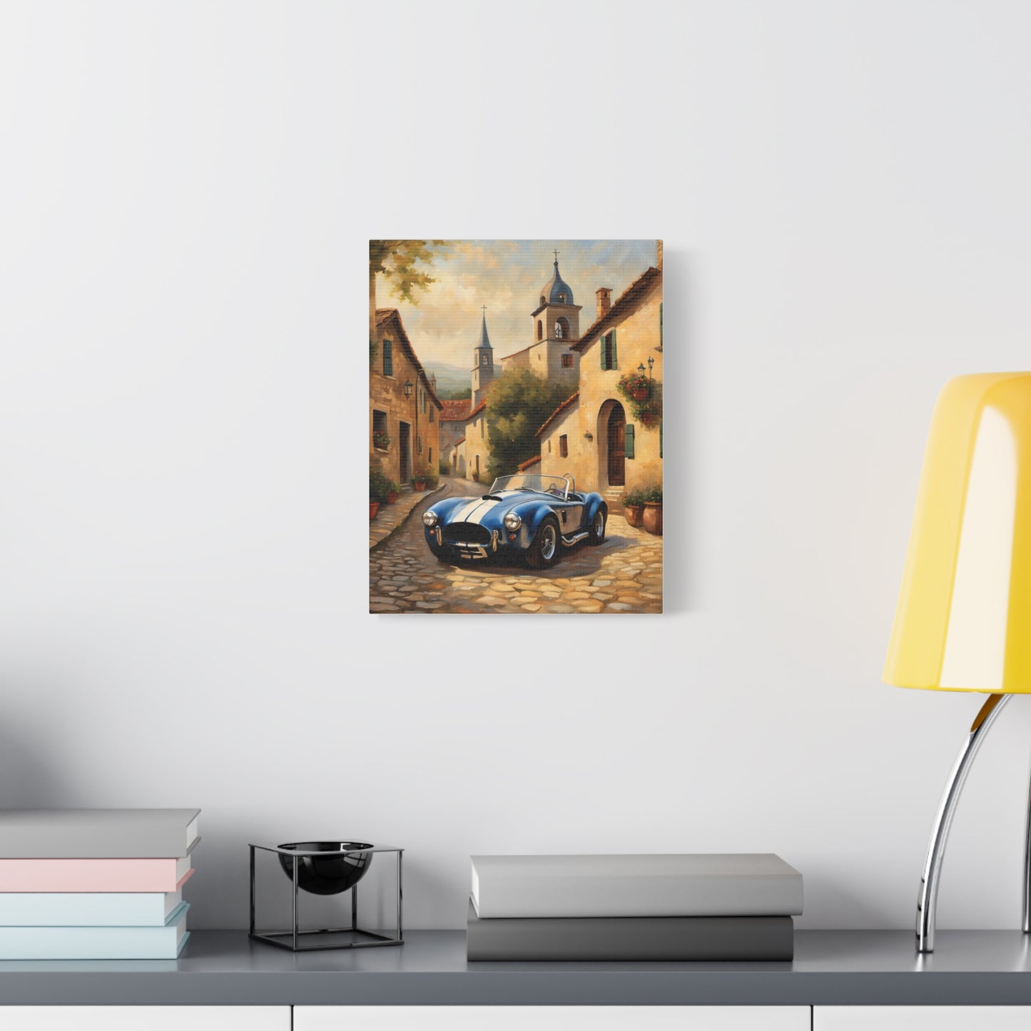 Vintage Car Canvas Art Print featuring classic cars parked on a charming cobblestone street
