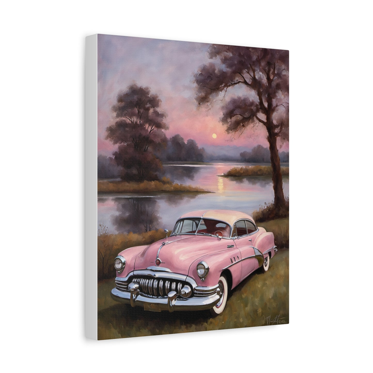 Retro Car Canvas Art Prints featuring a pink classic car by a serene lakeside at sunset