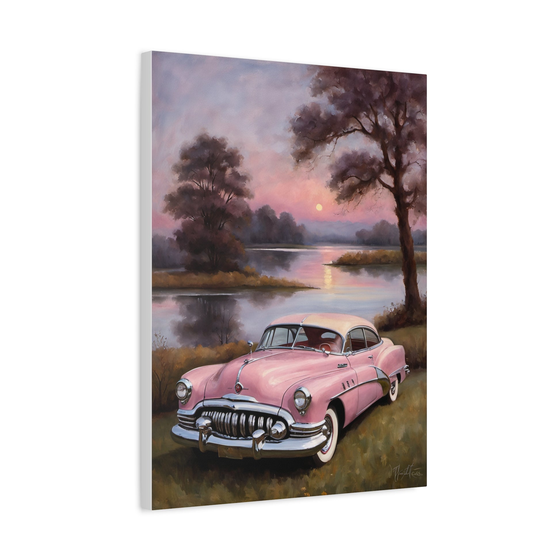 Vintage Car Canvas Art Prints featuring a classic pink car near a serene lakeside sunset