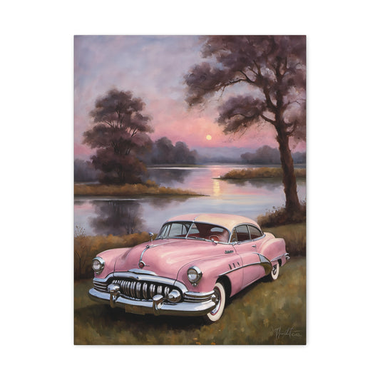 Vintage Car Canvas Art Prints featuring a retro pink car by a serene lakeside at sunset