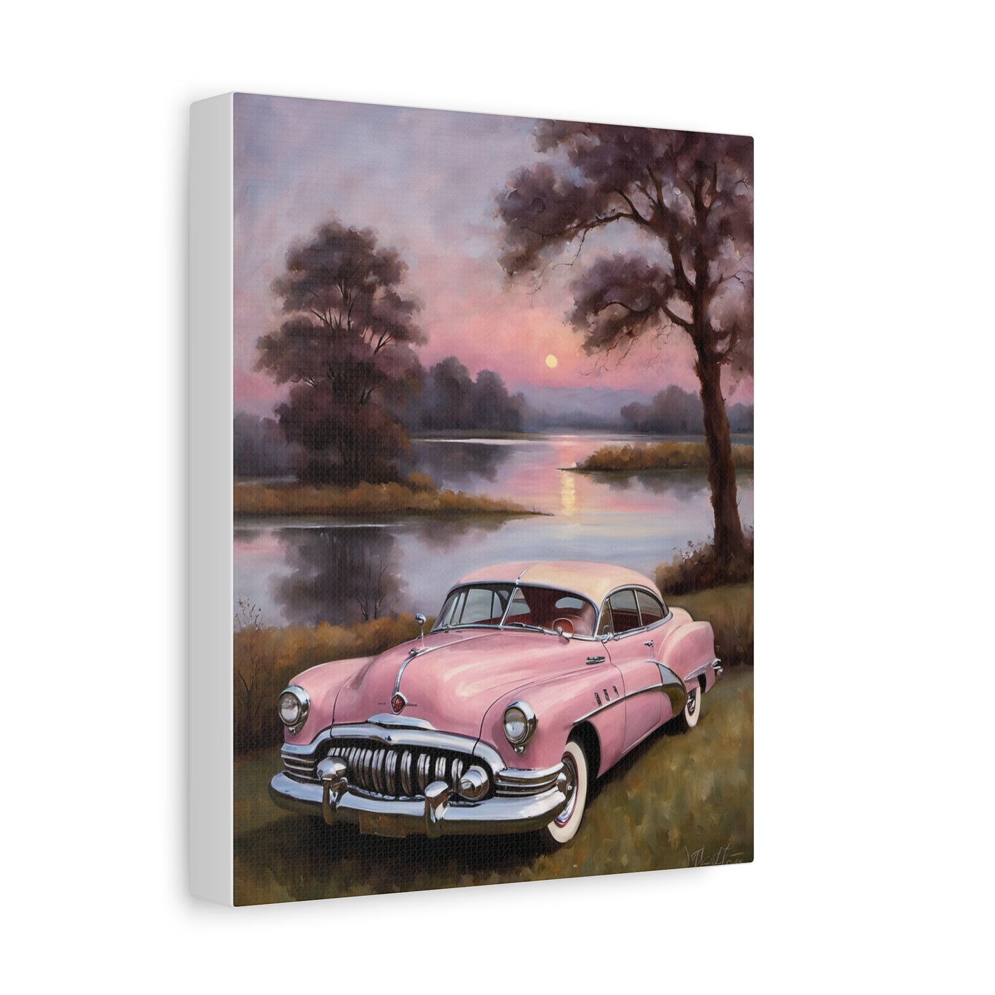 Vintage Car Canvas Art Prints featuring a pink classics car by a serene lake at sunset